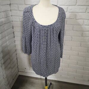 Talbots Ladies Size 2X Navy & White Pattern Loose Fit Made in India Blouse